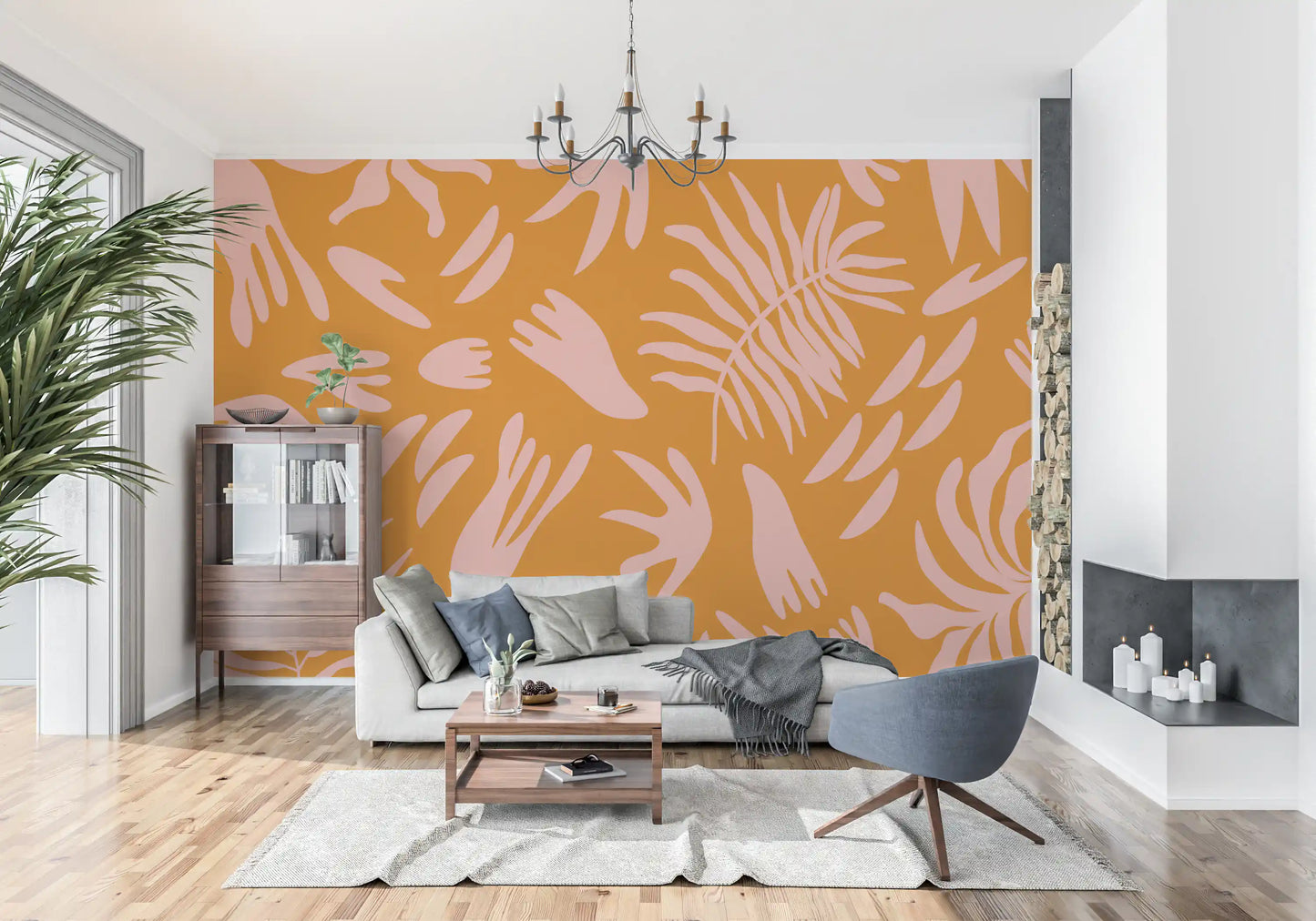 Botanical bloom wall mural with blush leaves and vibrant orange base