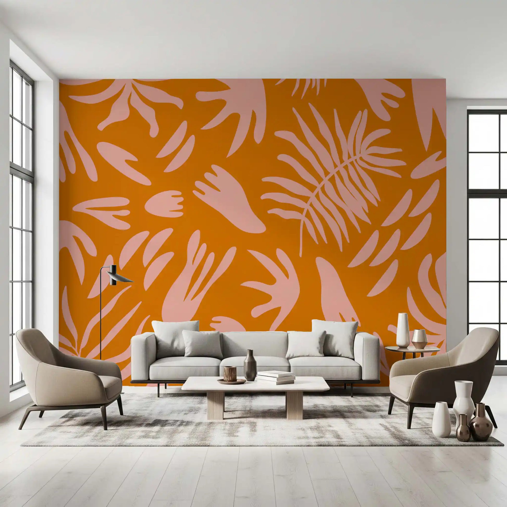 Retro Tropic Bloom wall mural in a living room with orange leaf pattern