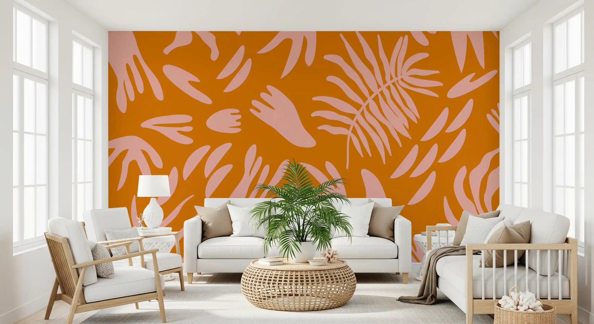 Retro Leaf pattern wall mural for a hallway with warm orange tones