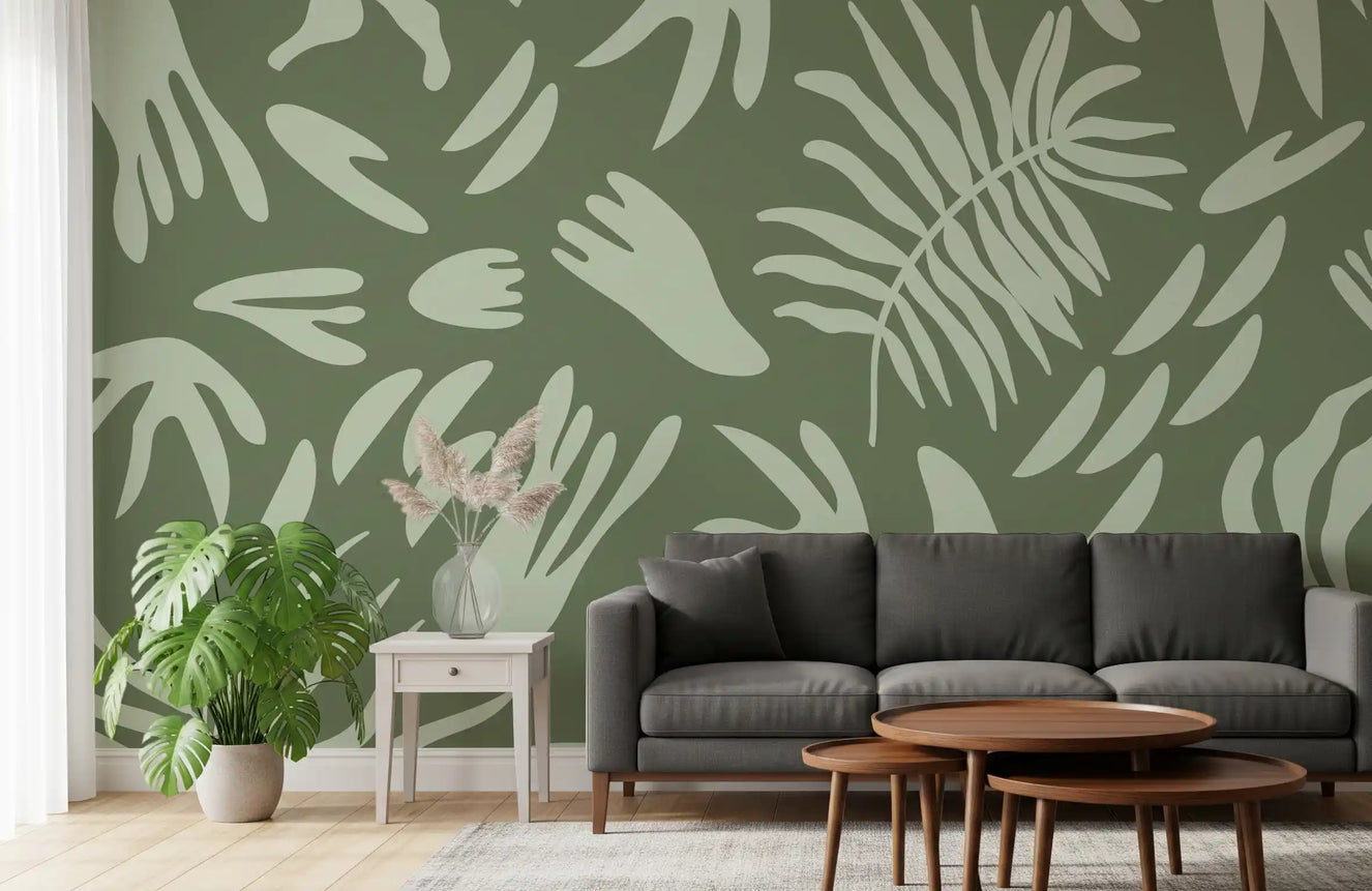 Abstract leaf mural for a hallway with soft green pattern layout