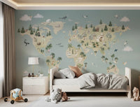 World map wallpaper mural with animals and nature elements