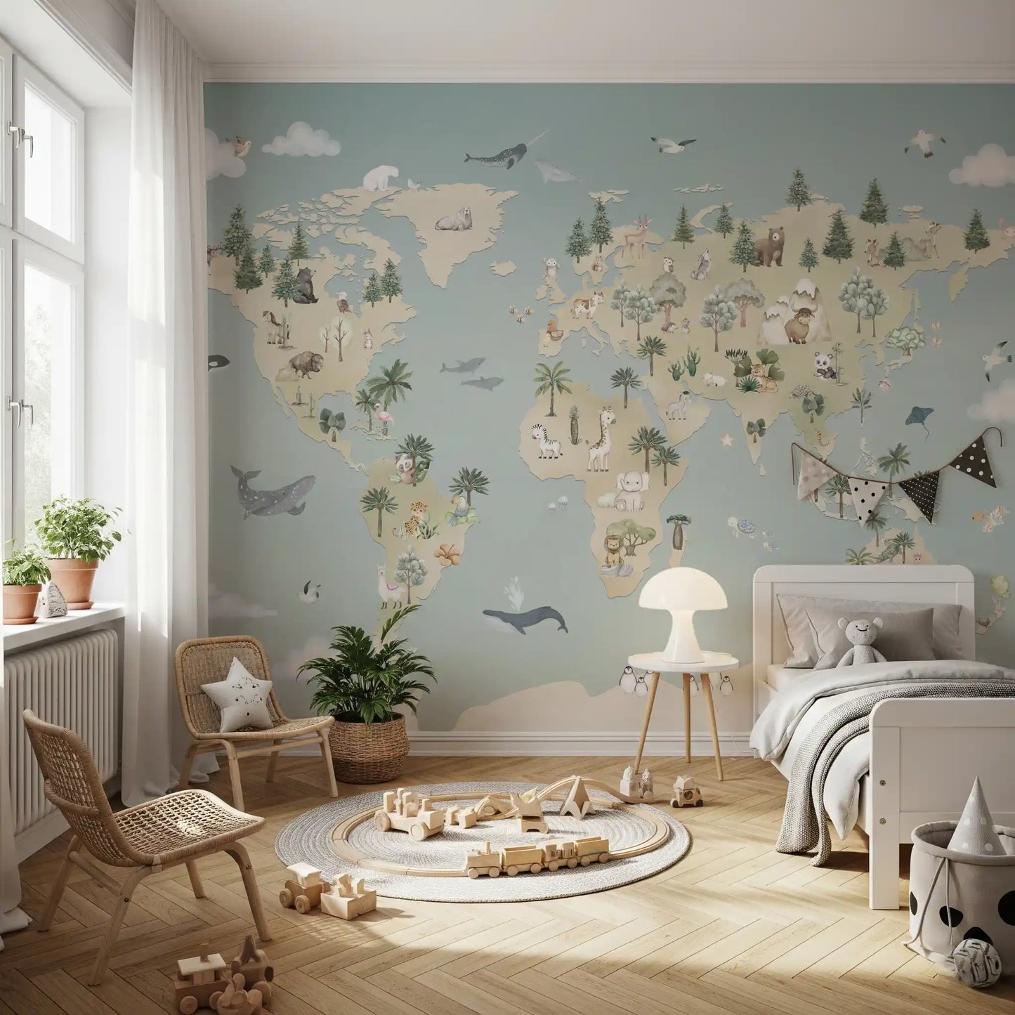 World map wall mural in a bedroom with illustrated continents and wildlife