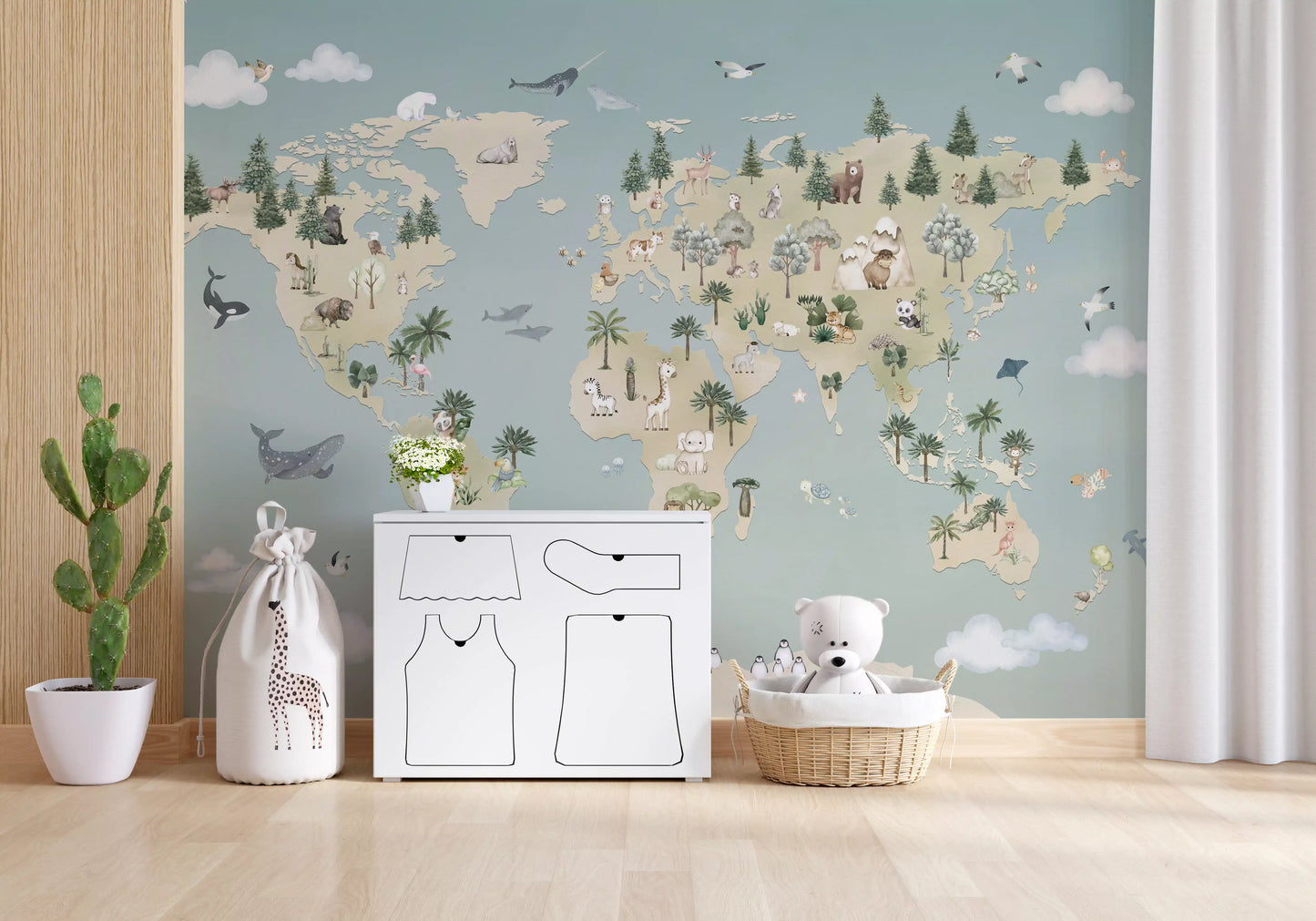 Educational wall mural with illustrated animal atlas and soft colors