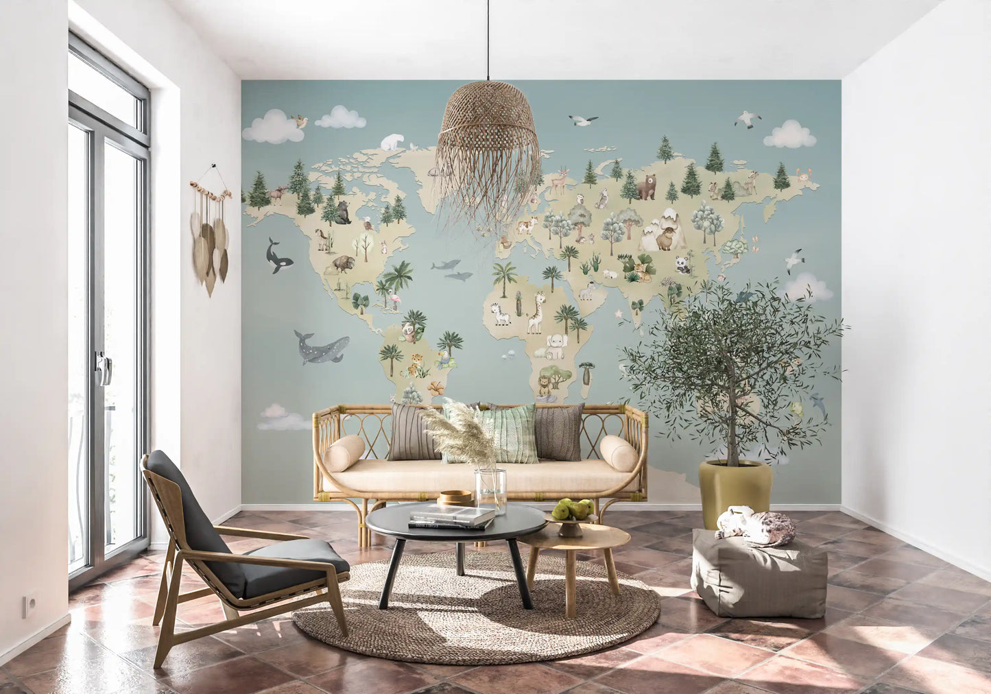 Animal atlas wall mural with detailed global map illustration