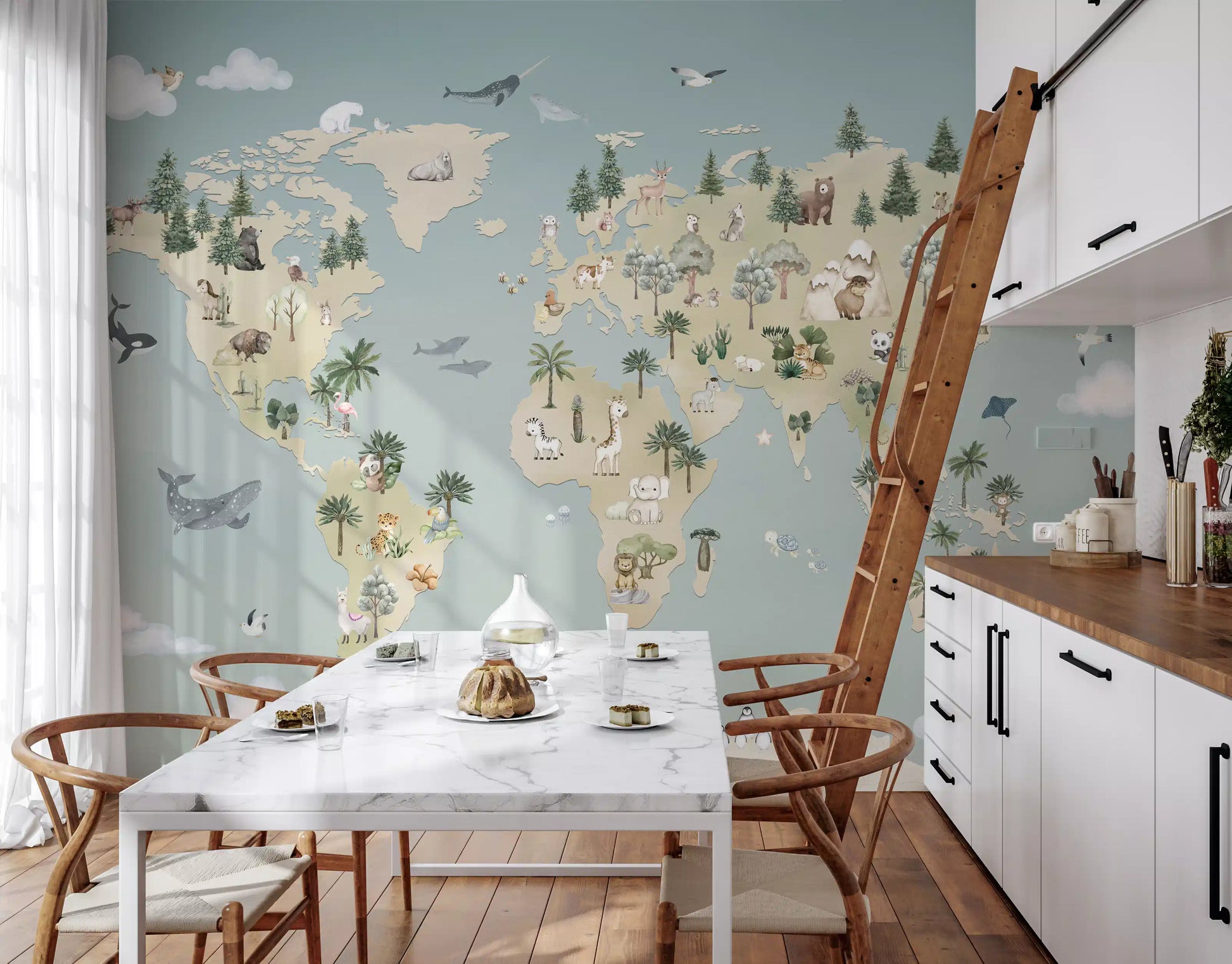 Blue world map wall mural with animals across continents
