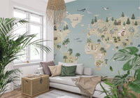 Animal map mural for a hallway with blue background and soft tones