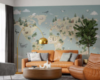 Animal Atlas Blue wall mural in a living room with world map and animals