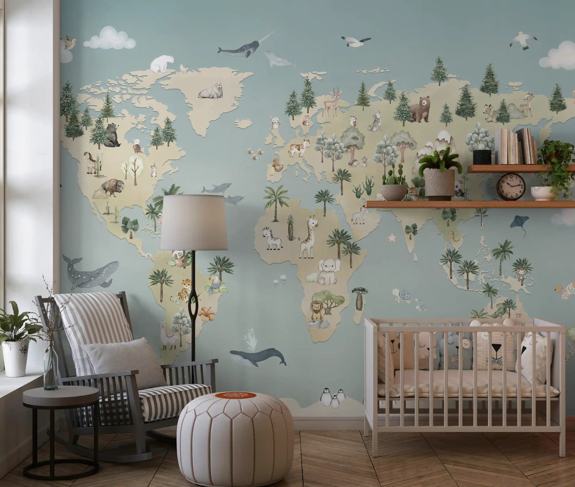 Map wall mural with wildlife icons and clean blue background