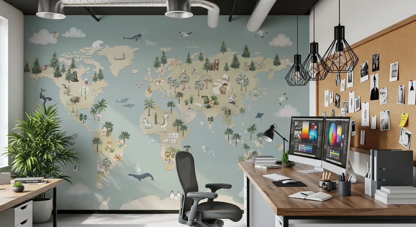 Kids map wall mural with animals and world continents layout