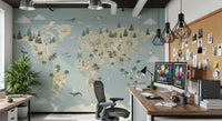 Kids map wall mural with animals and world continents layout