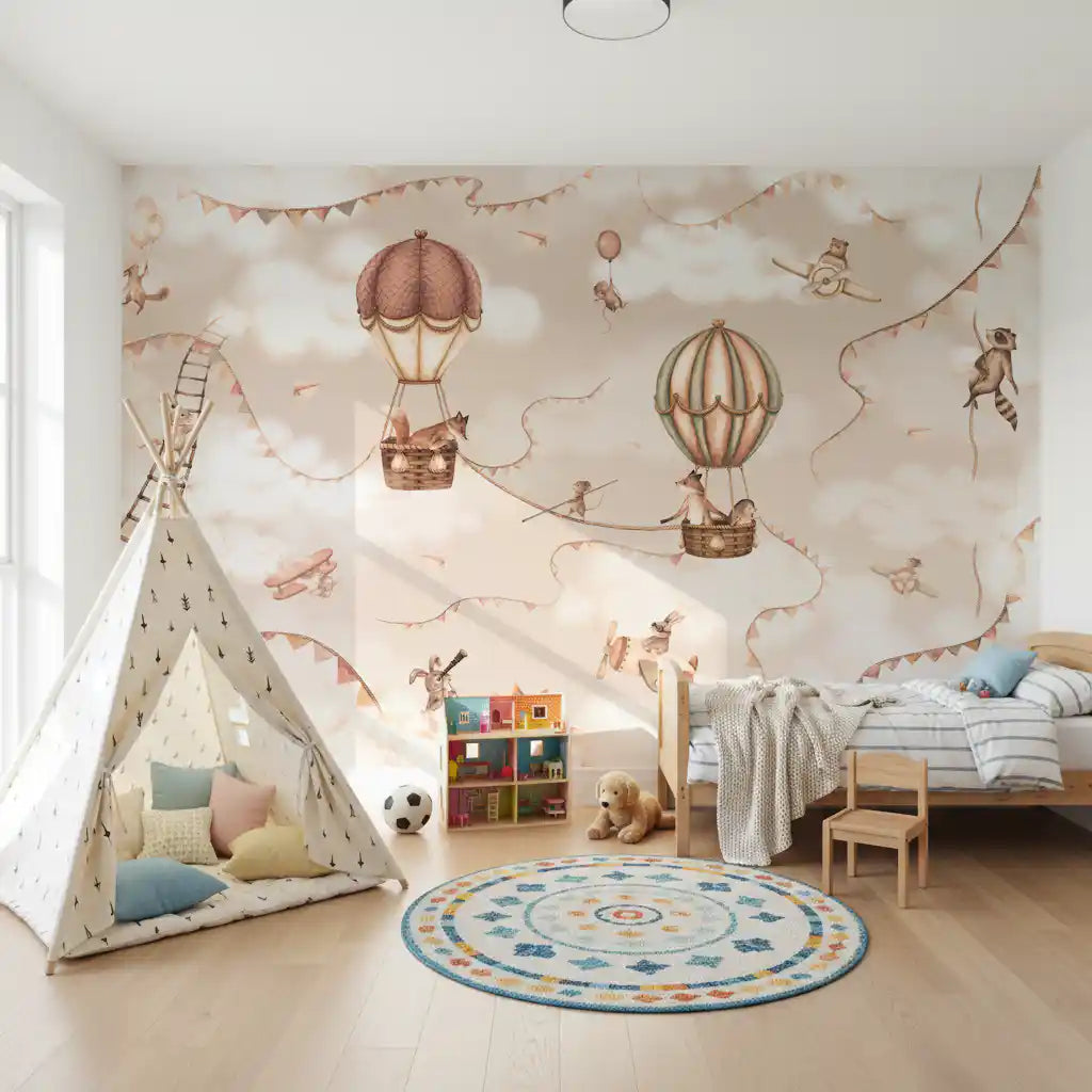 Minimal aviation wall mural clouds balloons mono tone artwork