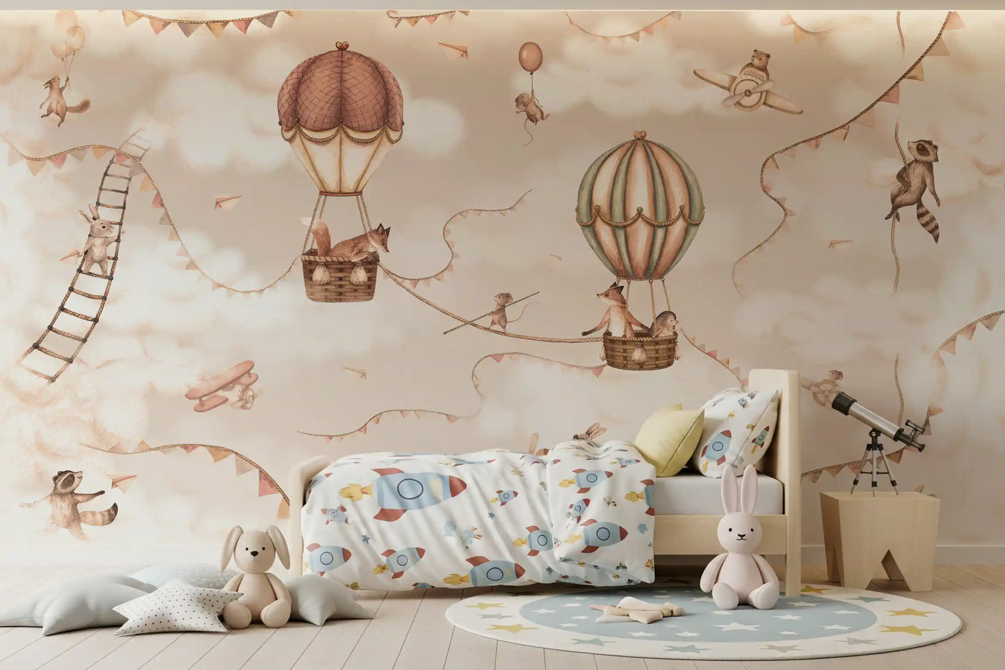 Soft tone sky wall mural mono aviation balloon illustration