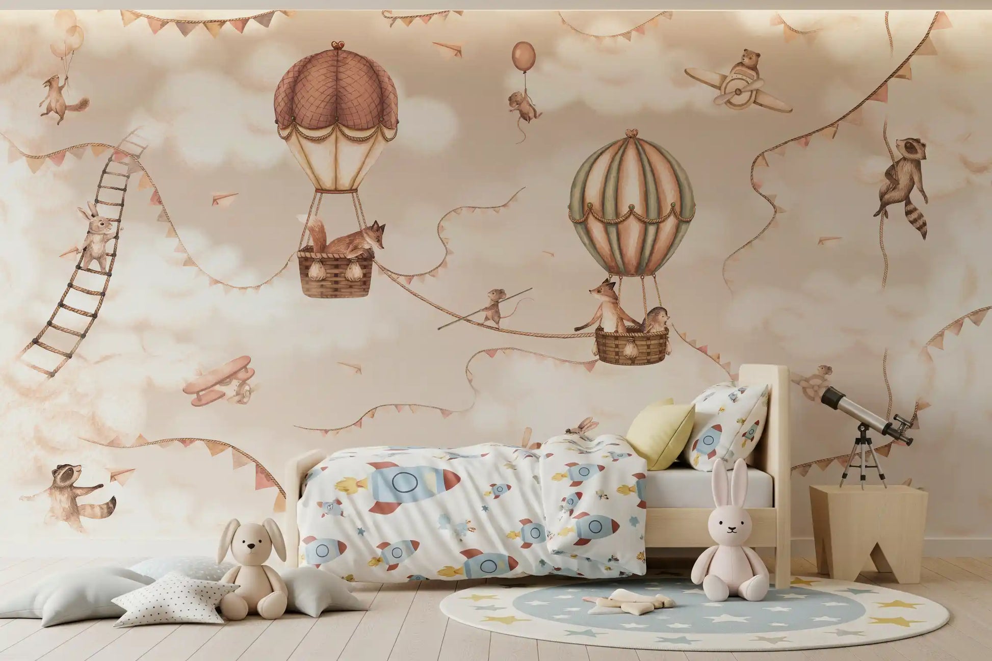 Soft tone sky wall mural mono aviation balloon illustration