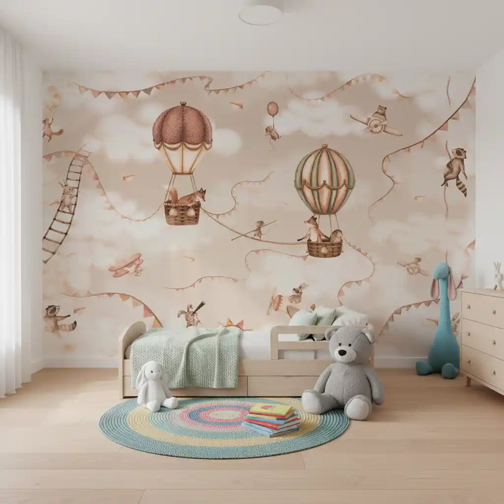 Sky theme wall mural mono aviation balloons clouds bedroom design