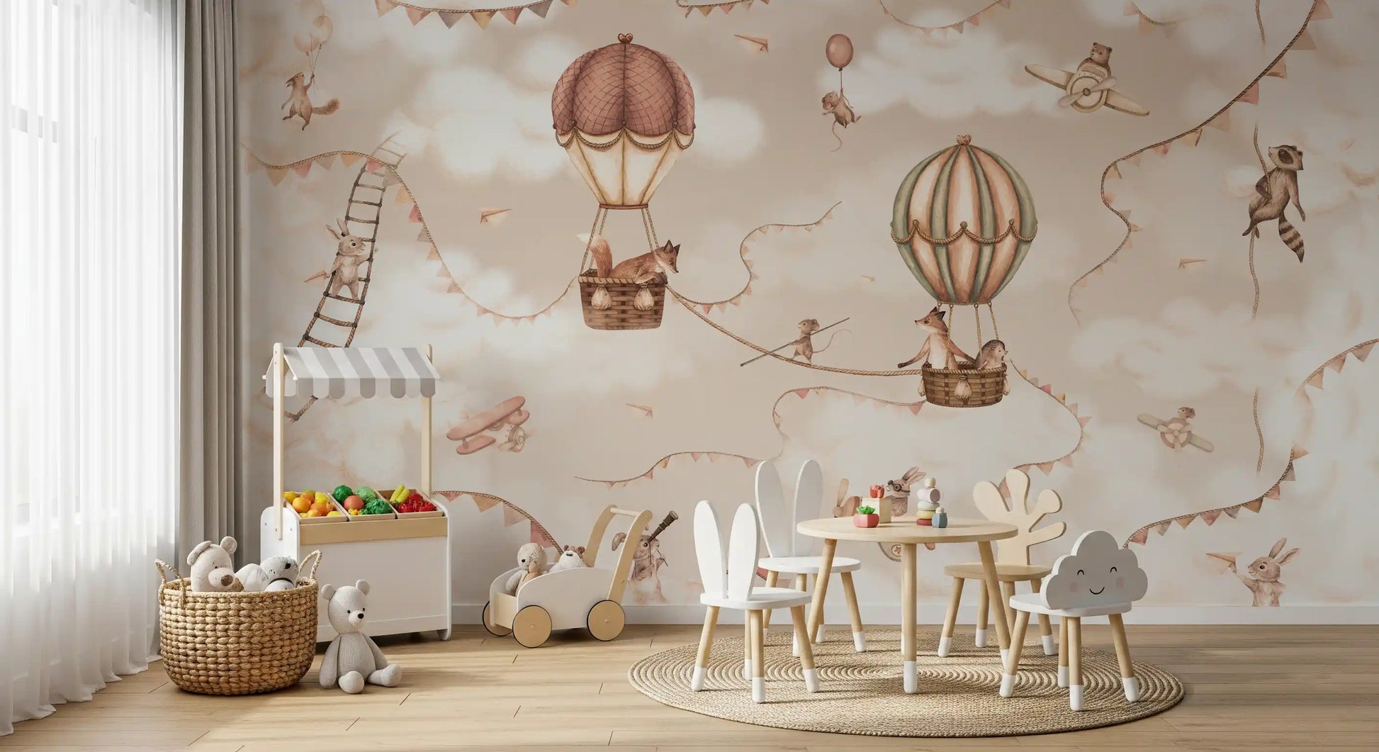 Kids sky adventure wall mural mono balloons cloud pattern design