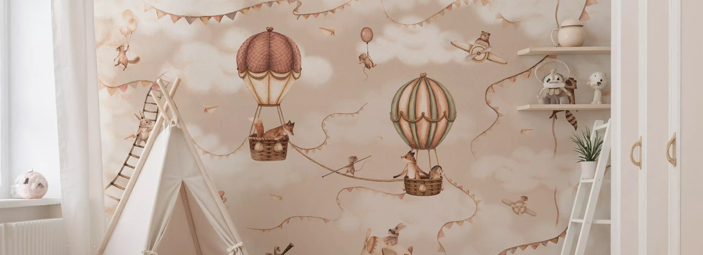 Aviation theme wall mural hot air balloons mono sky artwork