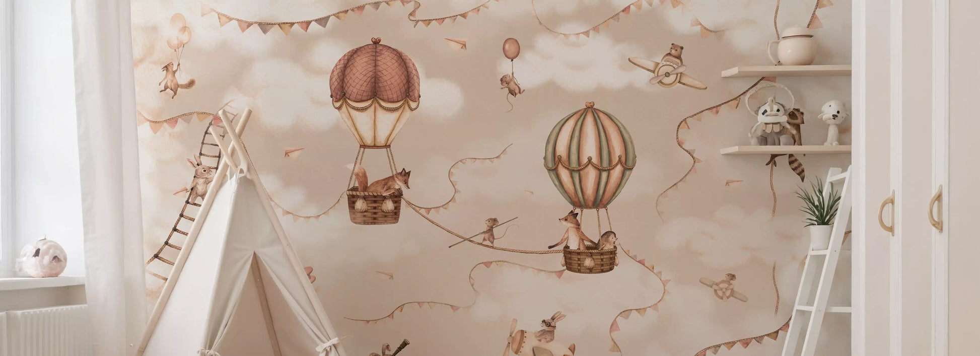 Aviation theme wall mural hot air balloons mono sky artwork