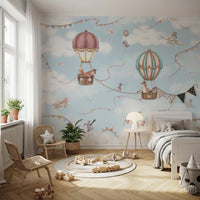 Kids aviation wall mural with planes, balloons, and flying animals
