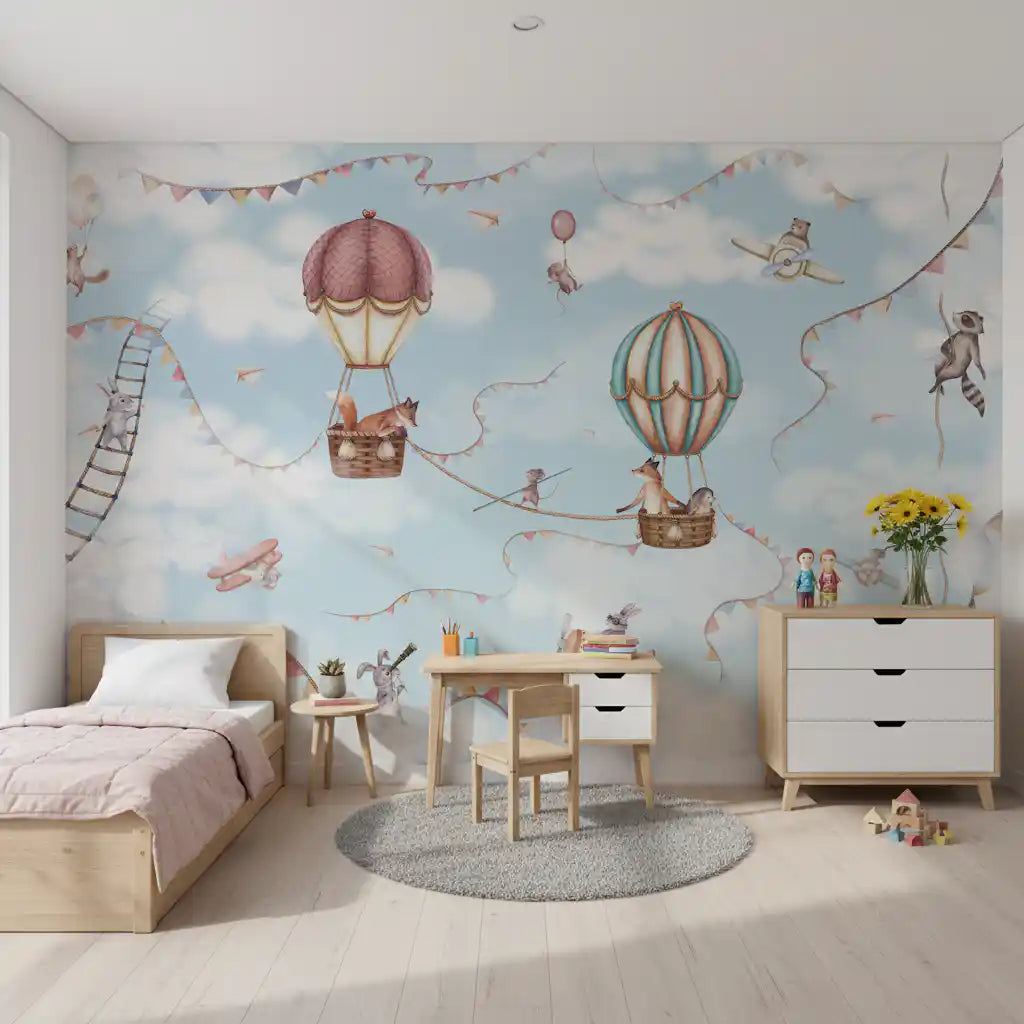 Animal Adventure sky wall mural with hot air balloons and soft blue background