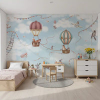 Animal Adventure sky wall mural with hot air balloons and soft blue background
