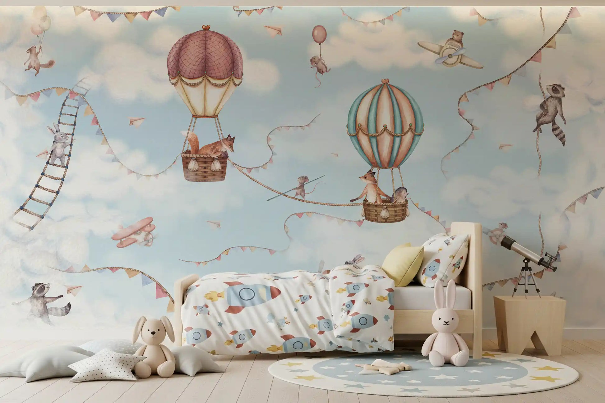 Sky adventure wall mural in a bedroom with balloons, planes, and animals