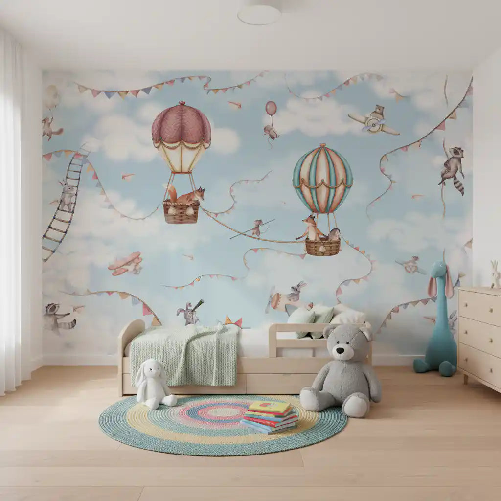 Playful sky Adventure wall mural with animals, balloons, and pastel tones