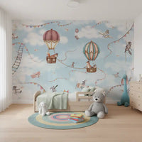 Playful sky Adventure wall mural with animals, balloons, and pastel tones
