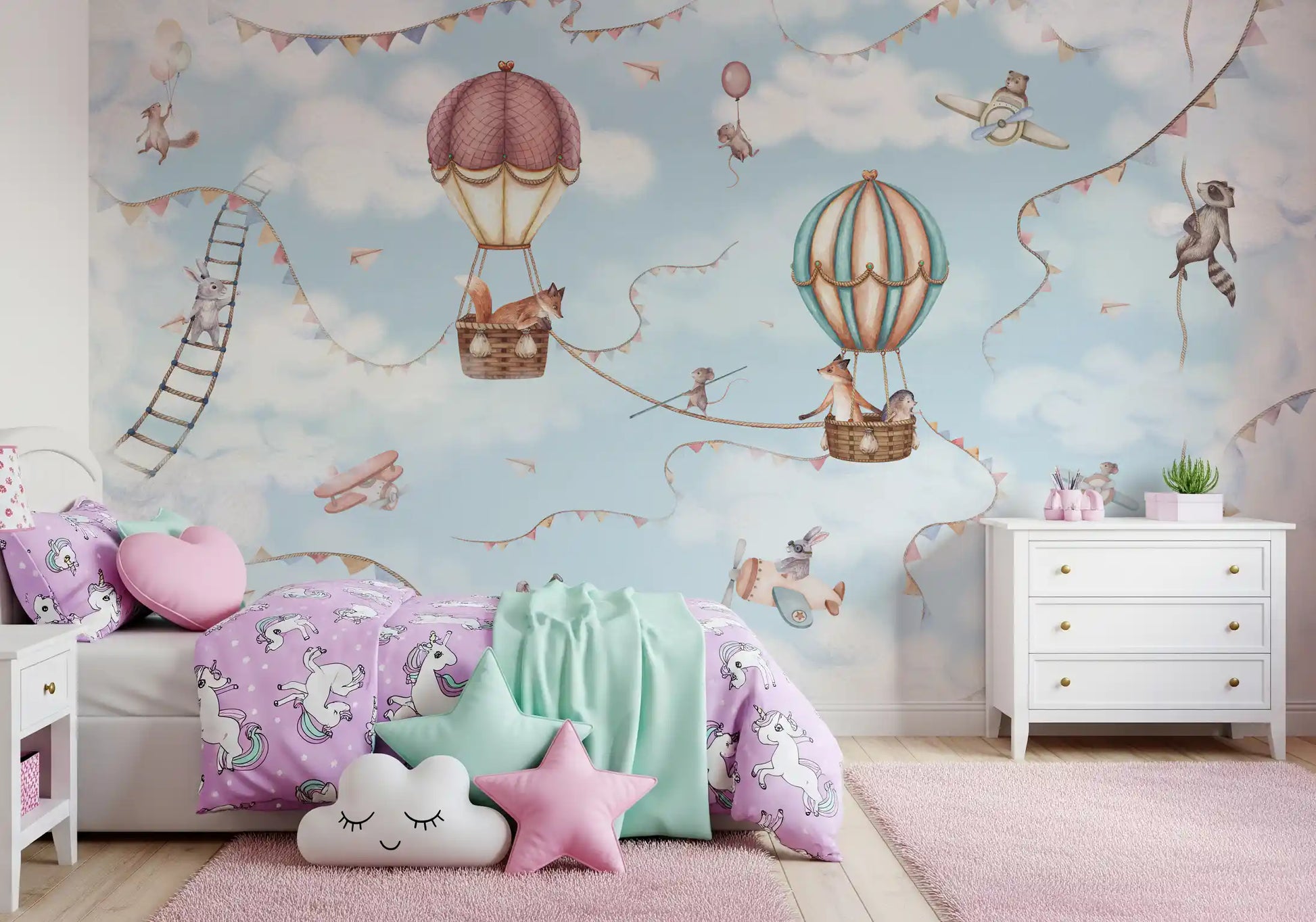 Sky-themed Adventure wall mural with clouds, bunting, and floating elements