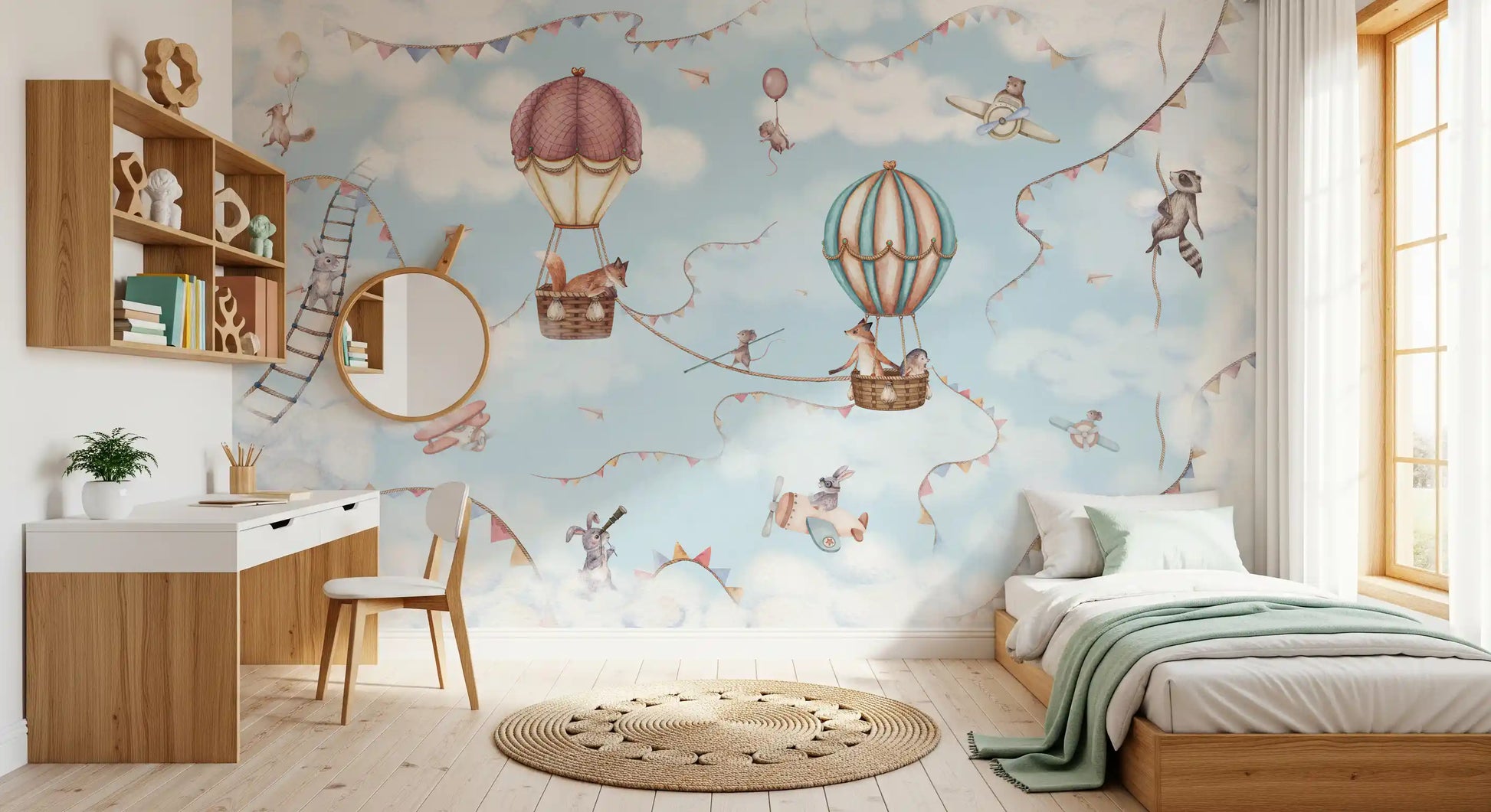 Aviation Balloon sky wall mural for a children room with animals and cloud background