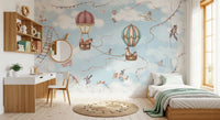 Aviation Balloon sky wall mural for a children room with animals and cloud background