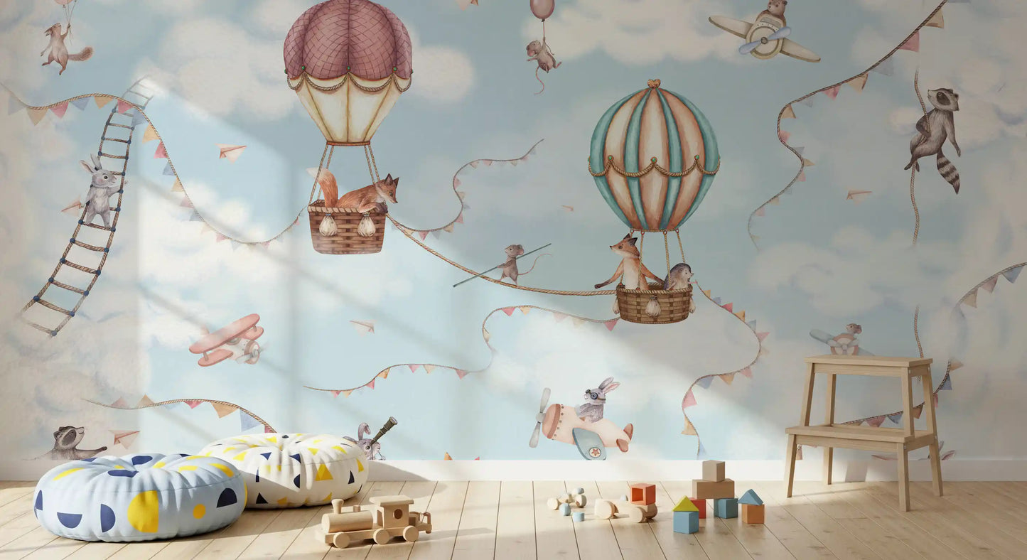 Balloon and plane Adventure wall mural with animals and sky illustration