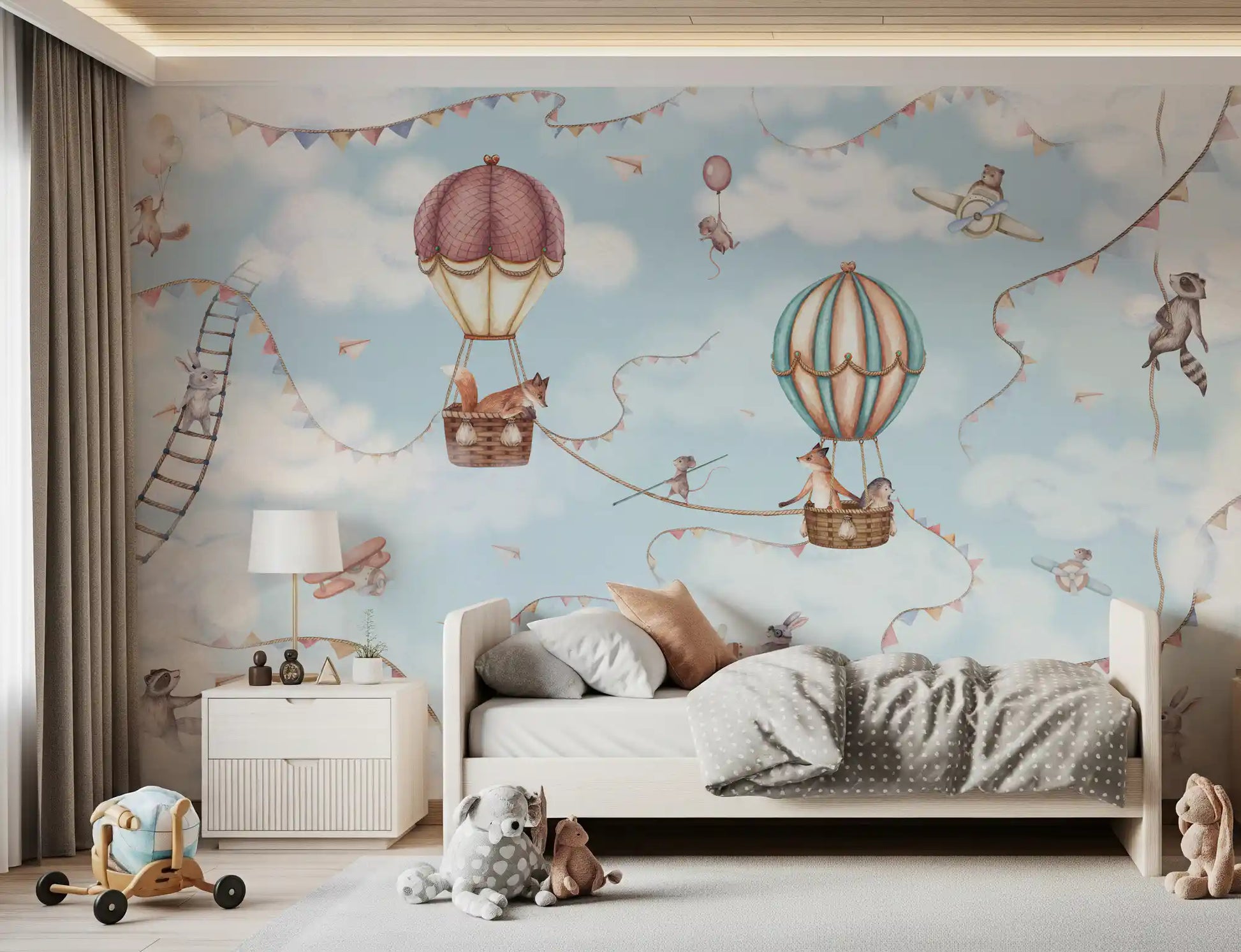 Aviation Adventure wall mural in a kids room with hot air balloons and animals