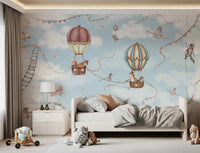 Aviation Adventure wall mural in a kids room with hot air balloons and animals