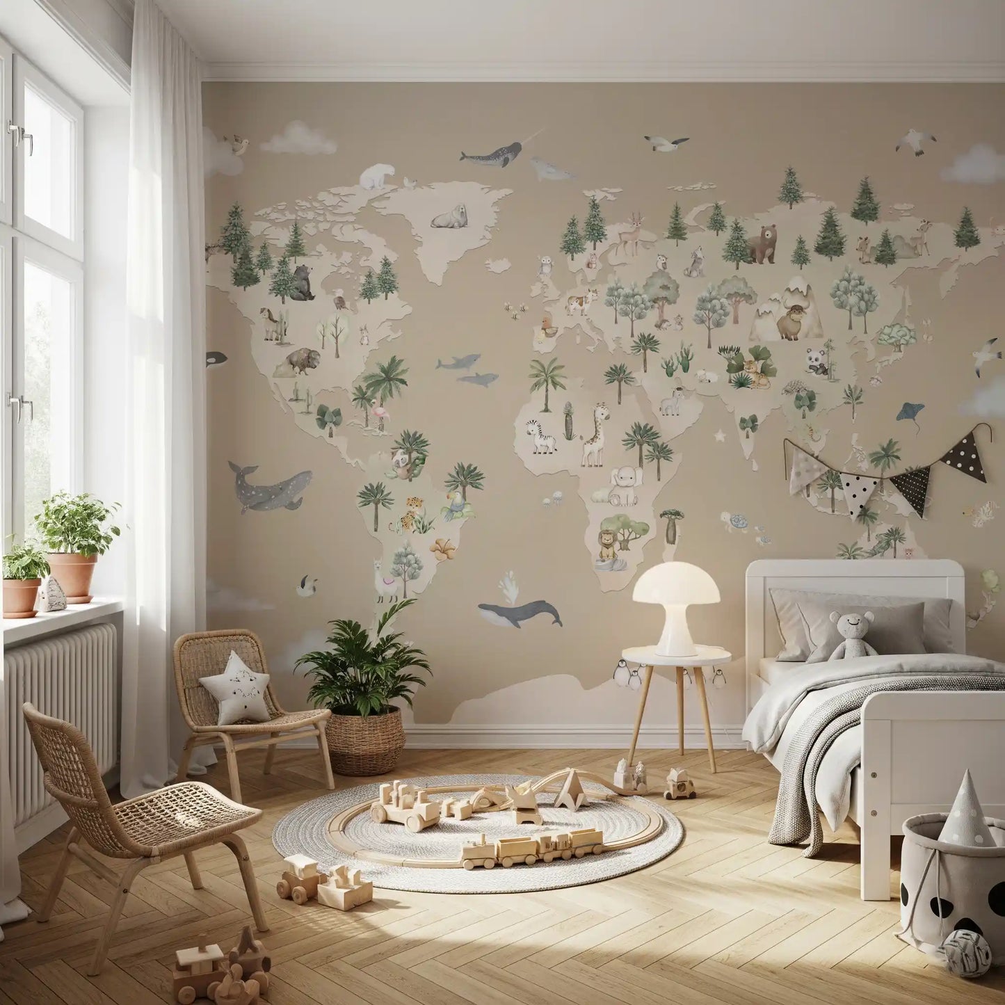 Educational map wall mural for a bedroom with animals and landscapes