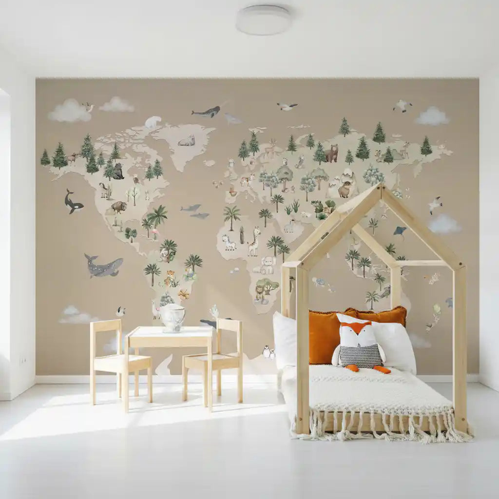 Animal Atlas Brown wall mural in a kids room with world map and wildlife