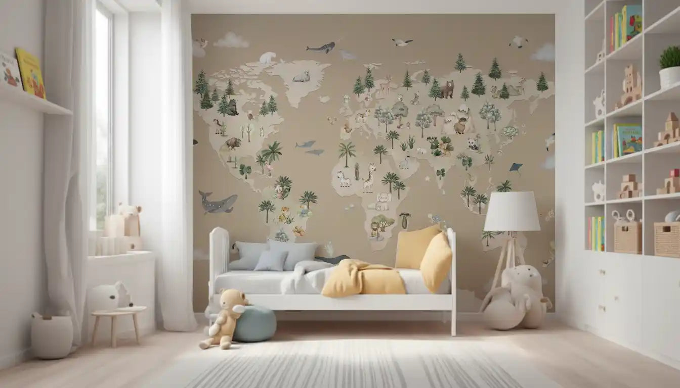 Educational wall mural with world map and animal illustrations