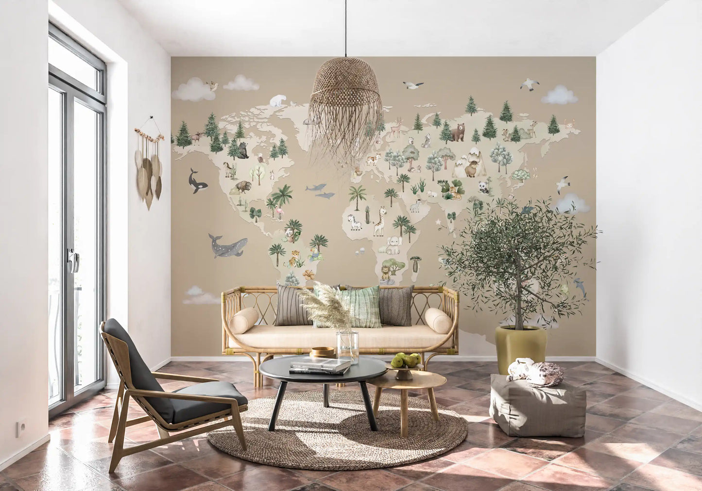 Kids map wall mural with animals placed across global regions