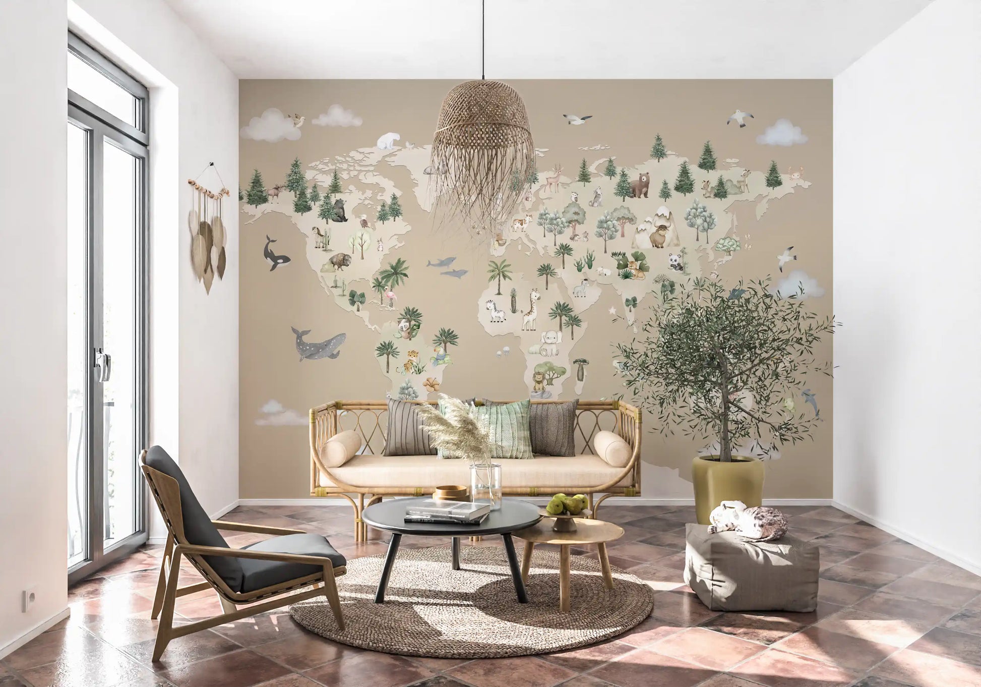 Kids map wall mural with animals placed across global regions