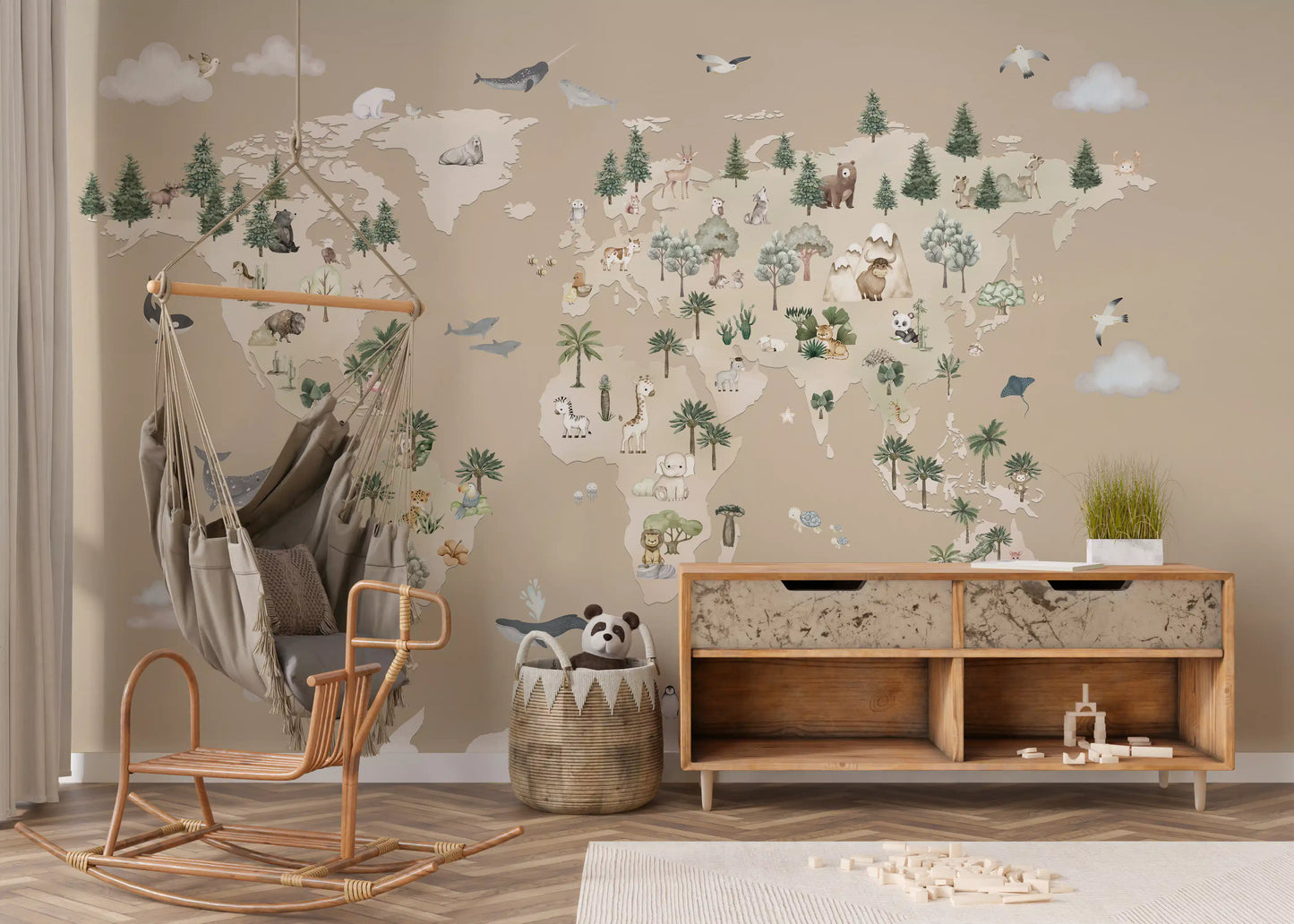 Animal Atlas Brown wall mural in a play room with global wildlife map