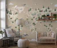 Global wildlife wall mural with animals, trees, and geographic layout