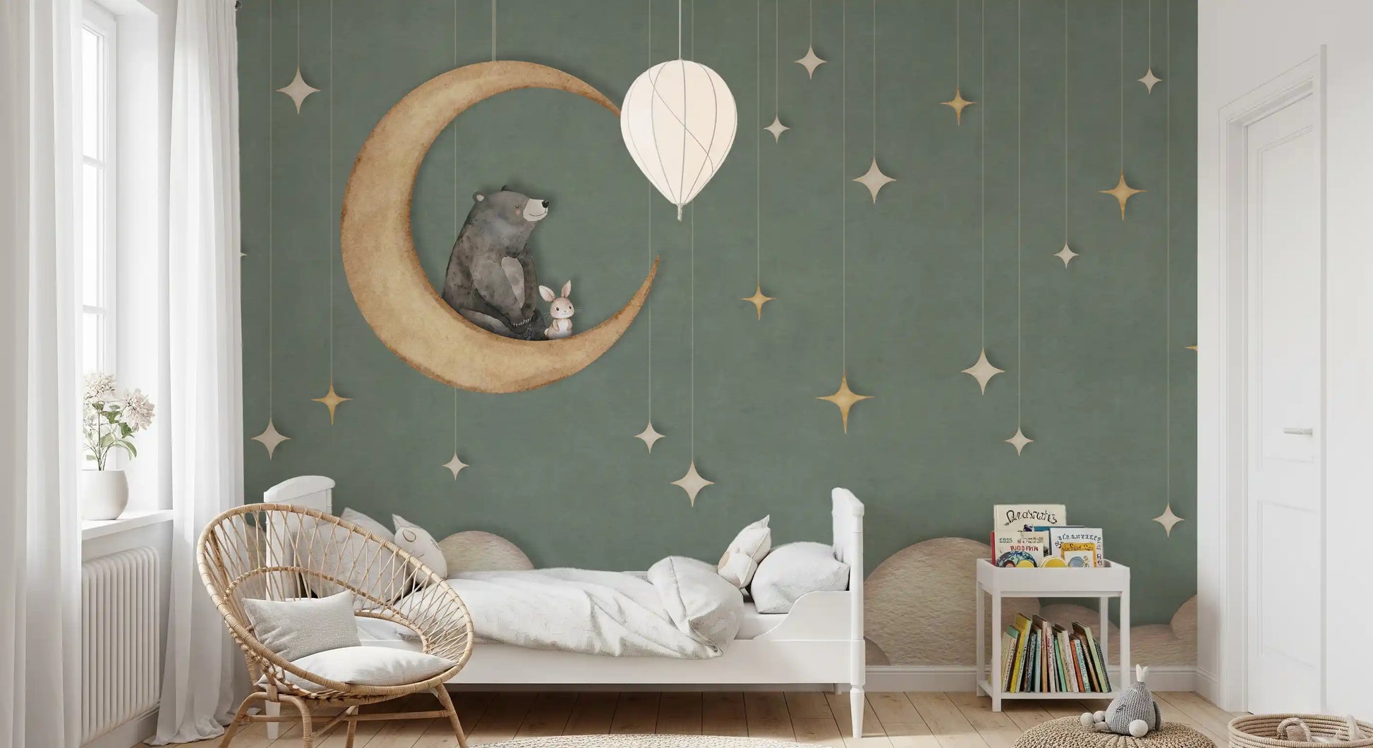 Minimal kids wall mural green bear moon stars cloud pattern