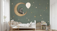 Minimal kids wall mural green bear moon stars cloud pattern