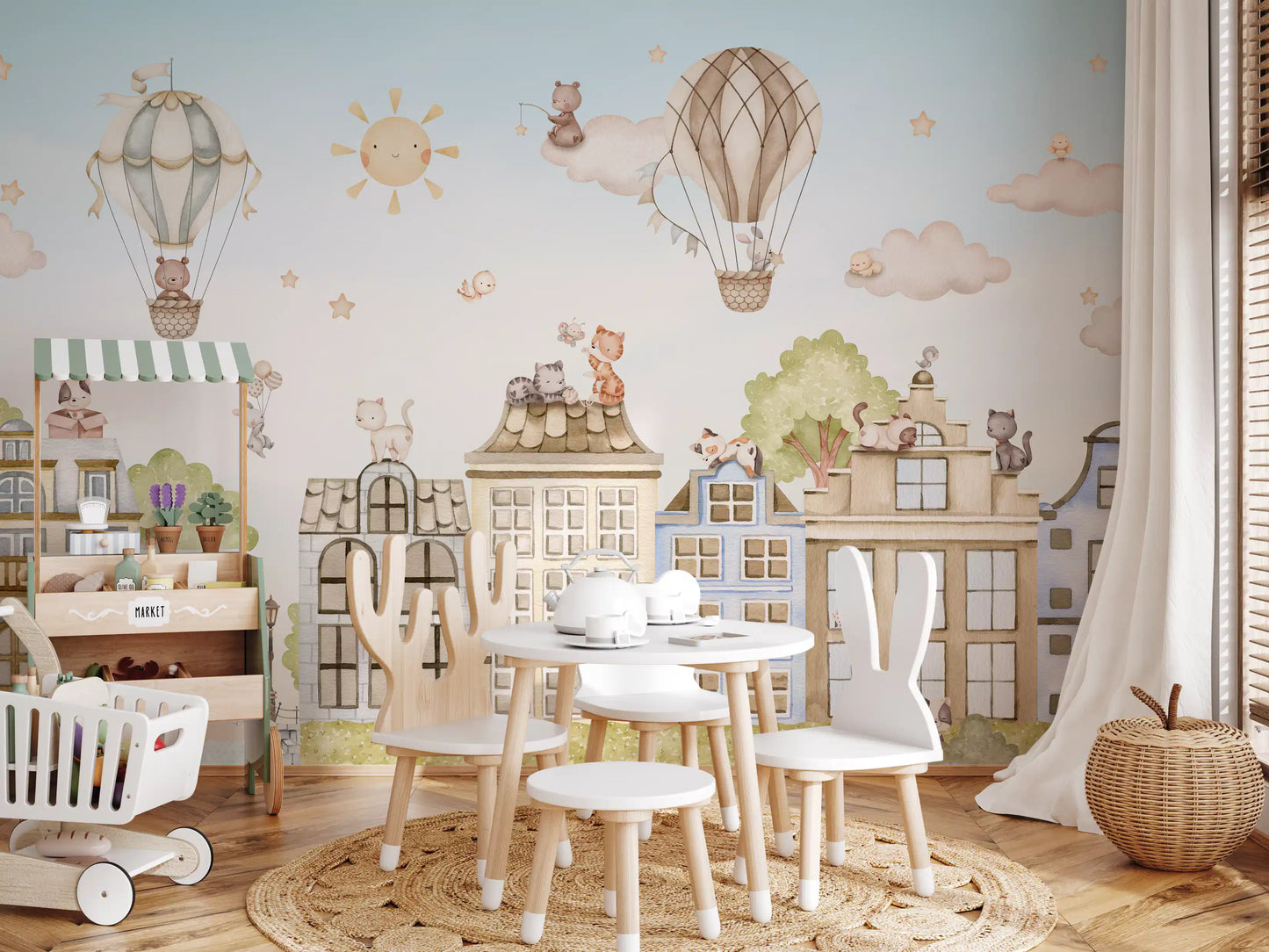 Cityscape wall mural with illustrated buildings and playful cat characters