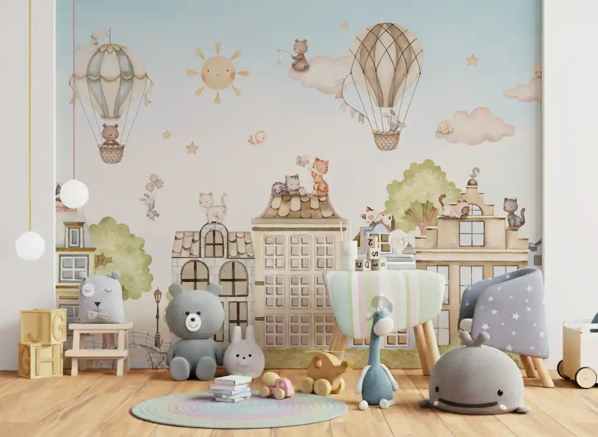 Urban animal wall mural with cats, trees, and sky background