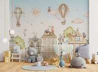 Urban animal wall mural with cats, trees, and sky background