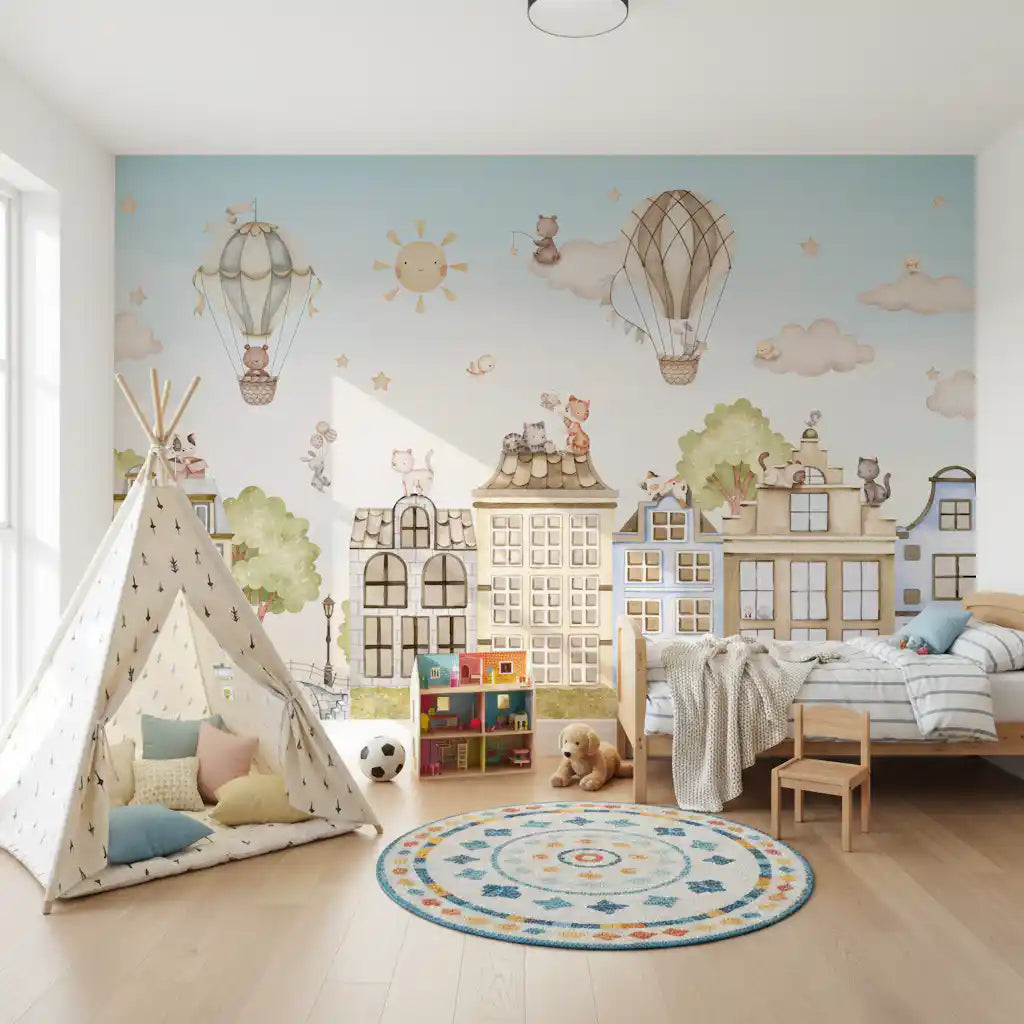 Cat-themed wall mural with rooftops, balloons, and soft urban scene