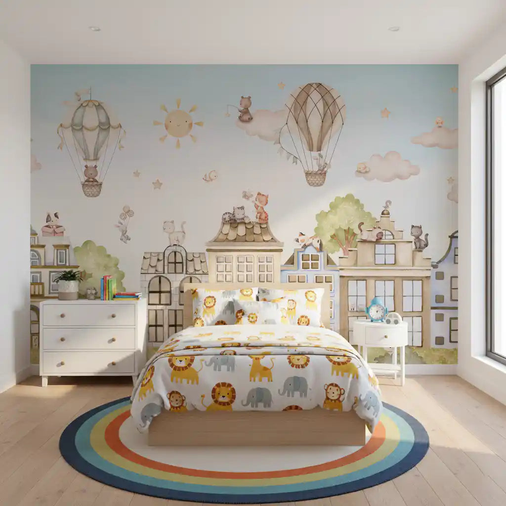 City skyline wall mural for a children room with buildings and balloon details