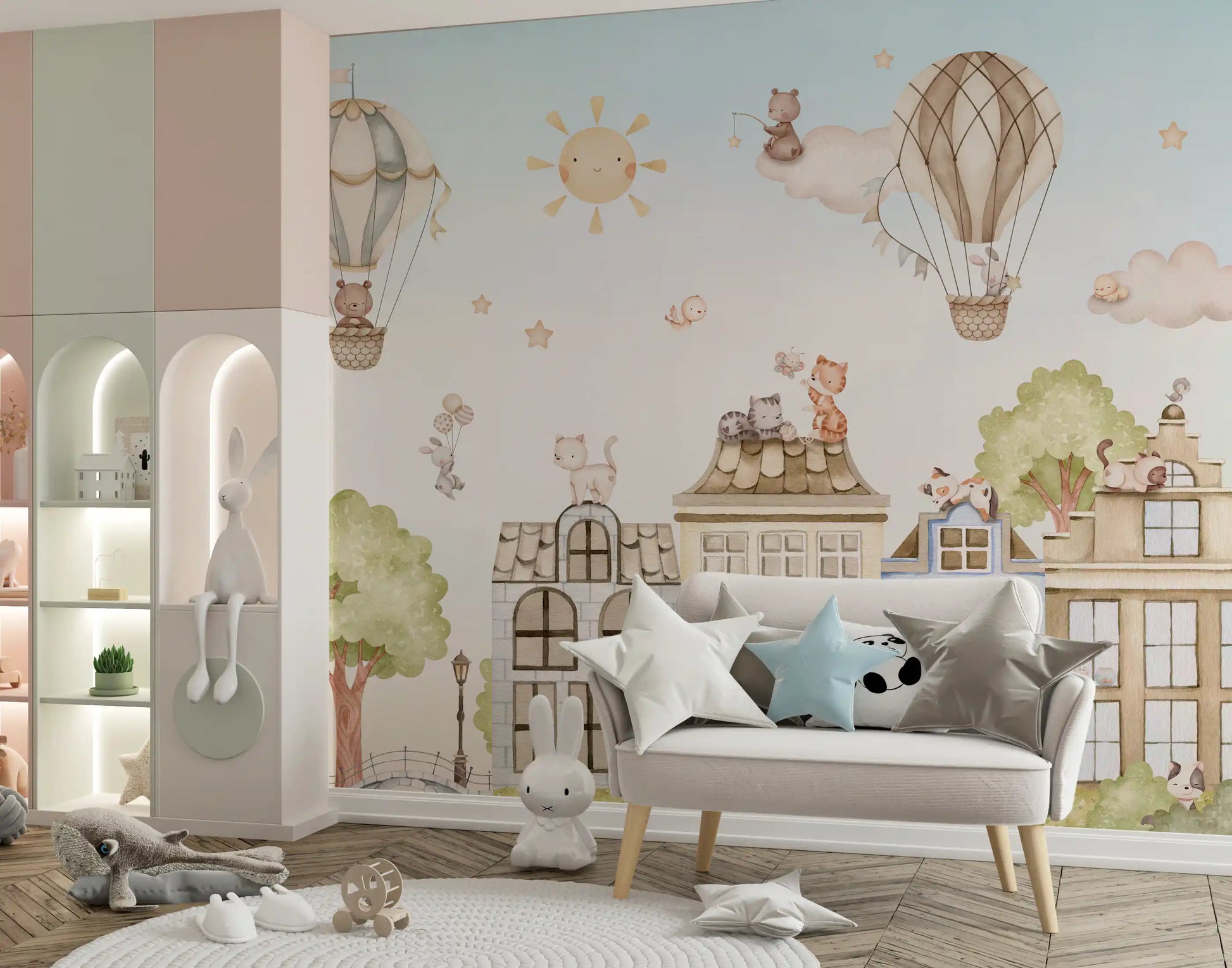 City Cats wall mural in a play room with cats and architectural design