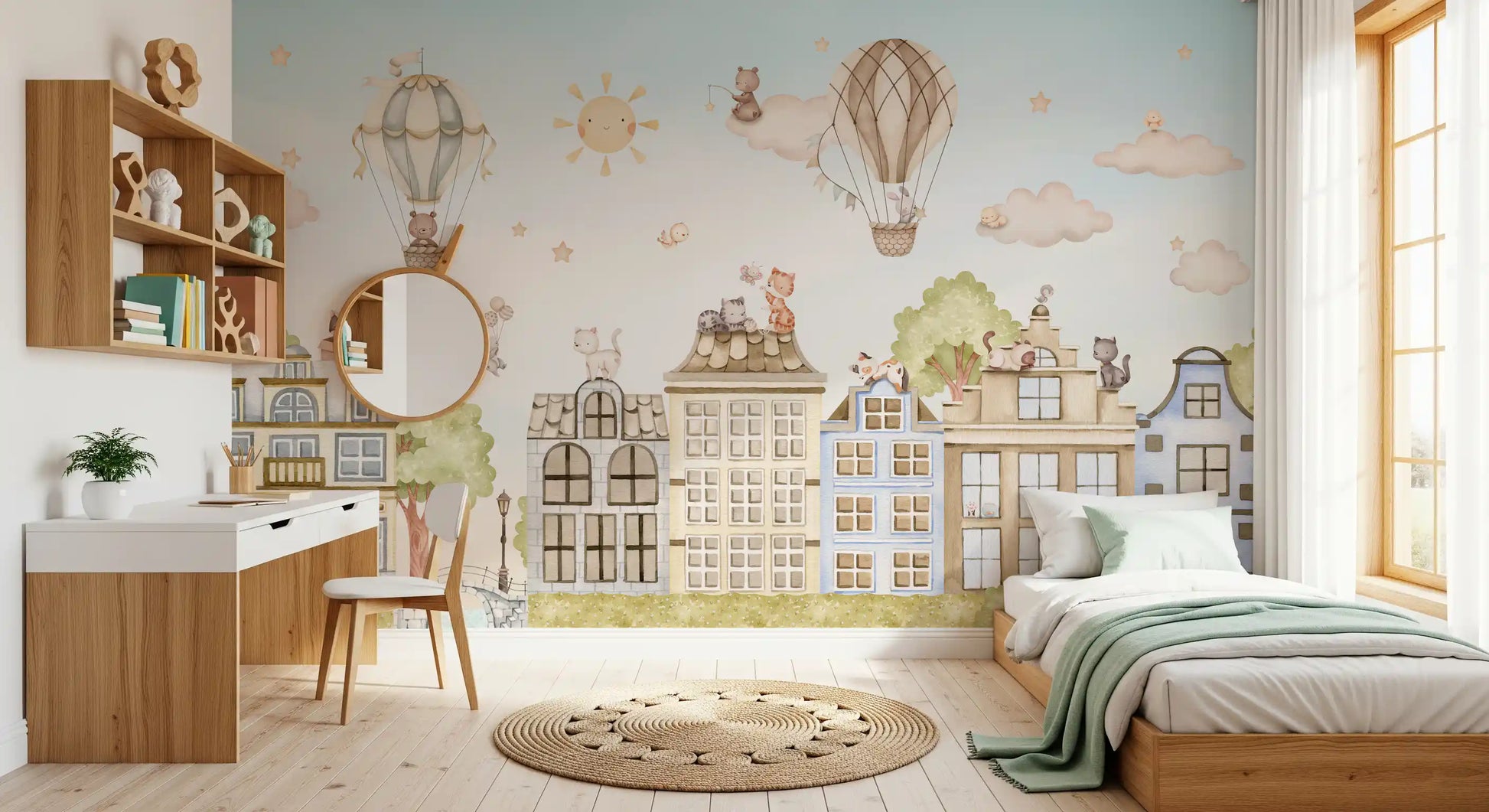 Cat city wall mural in a bedroom with rooftops, sky, and playful cats
