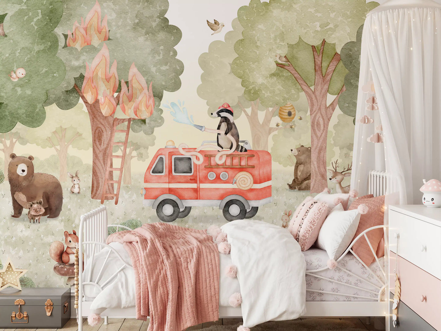 Kids forest wall mural with woodland animals and firefighting illustration